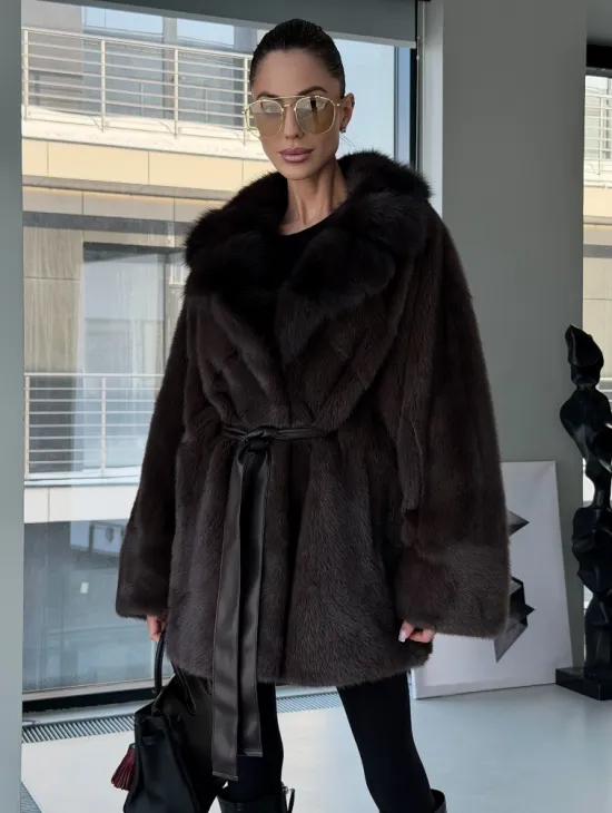 Норковое автоледи с воротником из куницы - фото 0