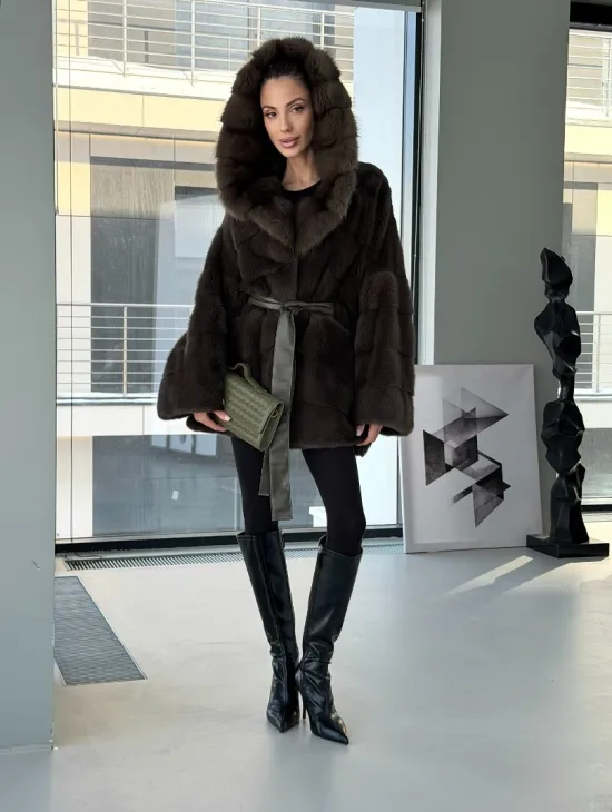 Норковое пончо шуба с капюшоном из меха куницы dark olive - фото 11