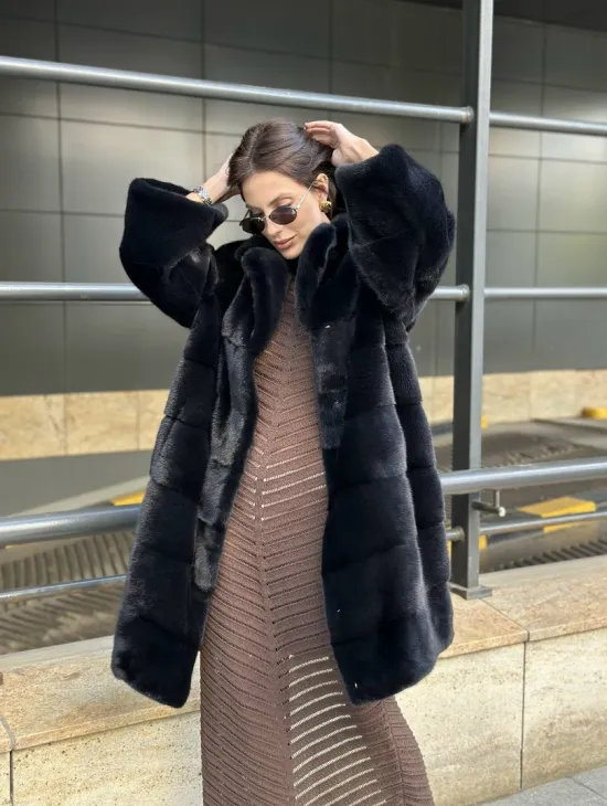 Шуба норковая английский воротник - цвет инфинити - фото 4