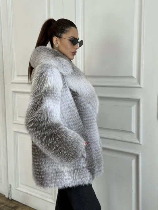 Шуба из меха арктической лисы - серая - фото 4