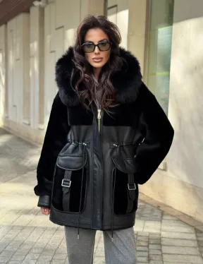 Черная дубленка с капюшоном - фото 9