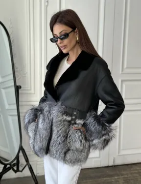 Дубленка с мехом чернобурки - цвет черный - фото 3
