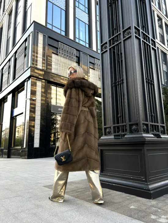 Пастель норковая шуба из меха NAFA капюшон куница - фото 3