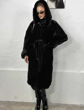 Черная шуба из импортной норки с капюшоном - фото 0