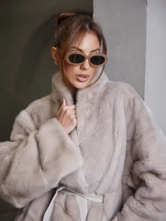 Кимоно норковое воротник отворот - цвет нюдовый - фото 1