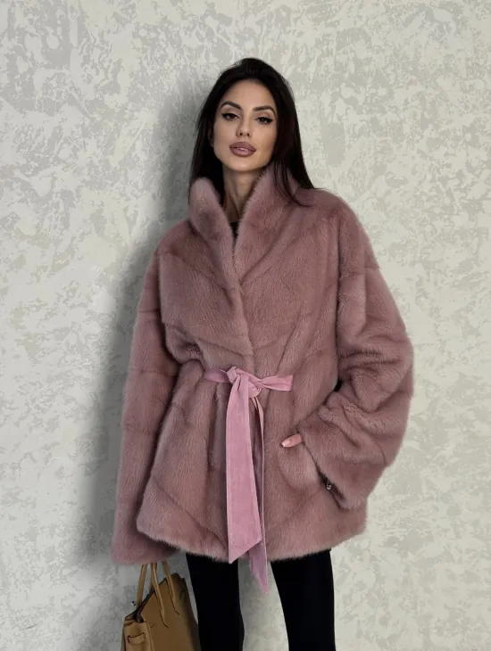 Кимоно норковое воротник отворот - цвет розовый жемчуг - фото 9