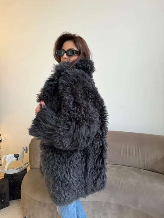Двусторонняя шуба - дубленка из овчины цвет графит - фото 6