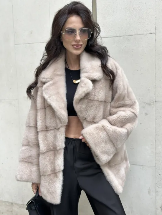 Шуба из меха норки английский воротник пудра - фото 2